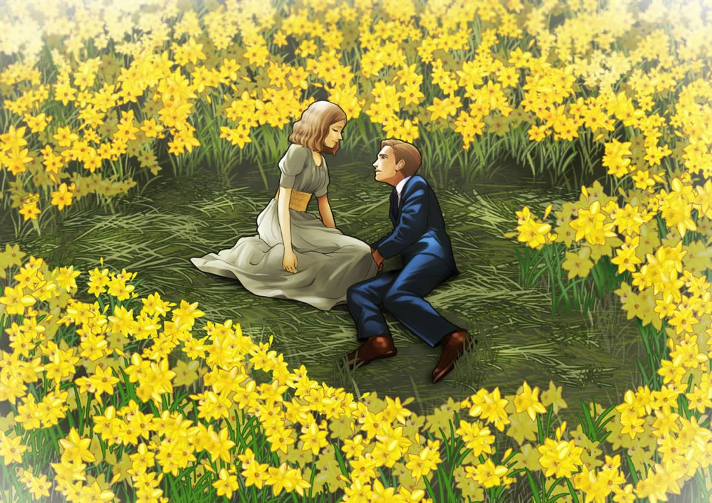 花畑の中でたたずむカップル