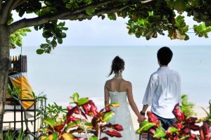 木陰から砂浜と海を眺める夫婦の後ろ姿