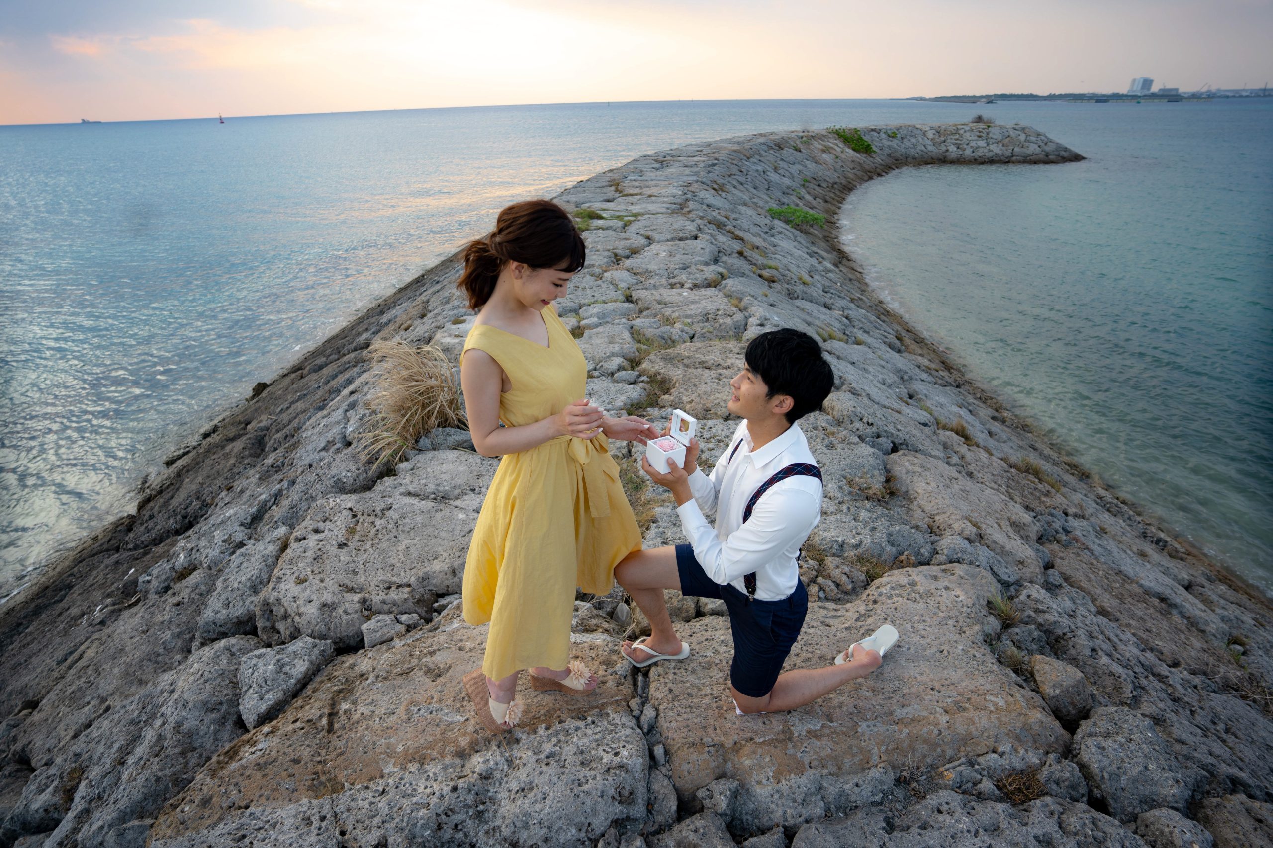 海辺で女性にプロポーズする男性