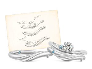 ケイウノの結婚指輪と婚約指輪のデザイン画と完成イメージ