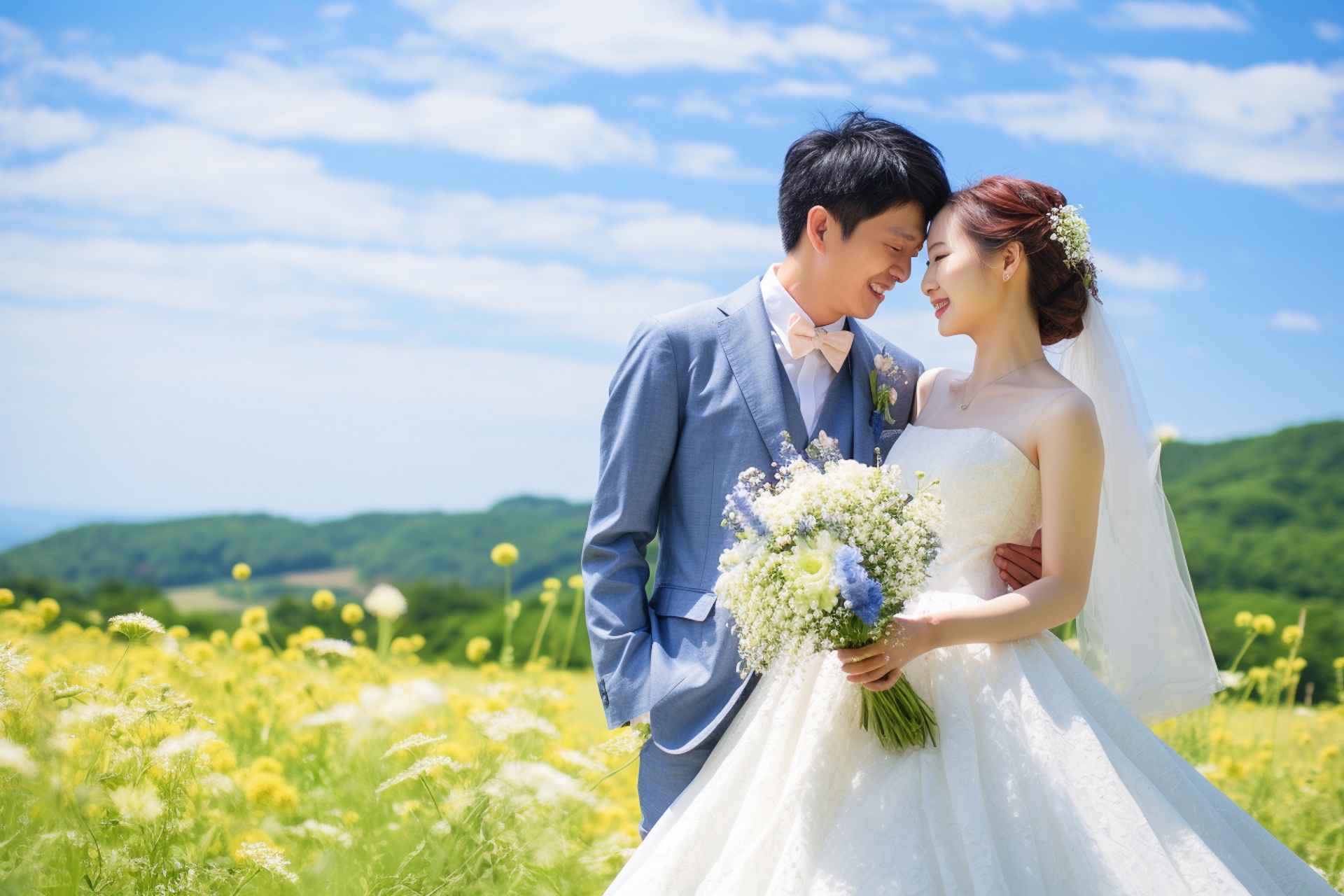 花畑の前で、ウェディングドレスとタキシードを着ブーケを持ってウェディングフォト撮影をする新郎新婦