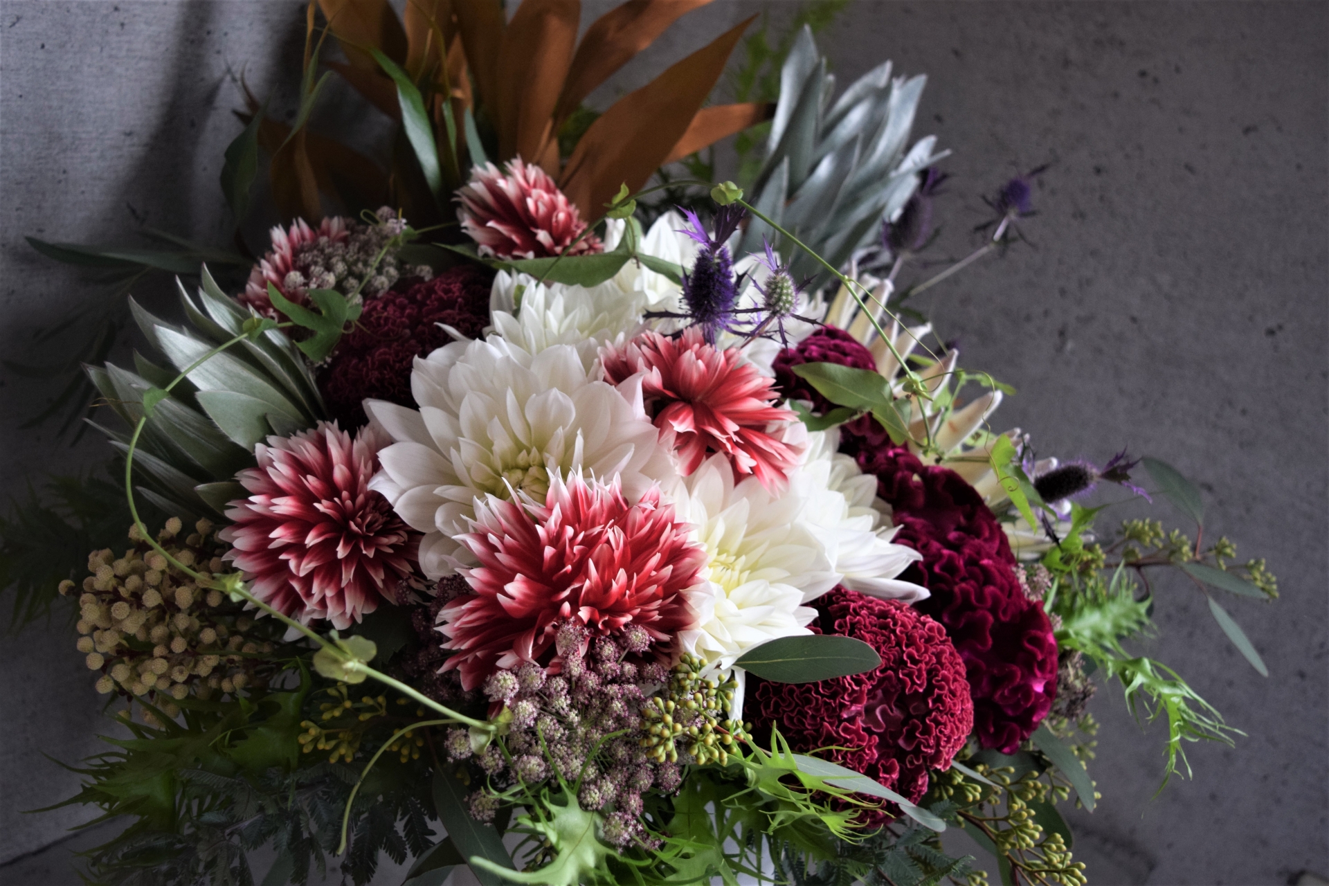 赤と白のダリアとケイトウ、ワイルドフラワーの情熱的なプロポーズ用花束