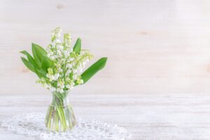 ガラスの花瓶で飾られたプロポーズギフトに人気の白いスズラン